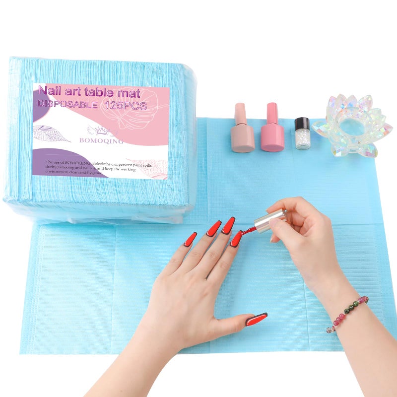 BOMOQING 125Pcs Disposable Nail Paper Towels for Acrylic 3 Ply Foldable Nail Table Mat Waterproof Nail Art Practice Sheet Clean Pads Napkins Nail Supplies for Manicure Salon or Home Use Blue